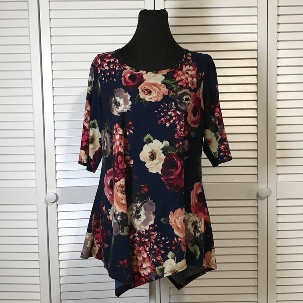 Star Vixen Retro Navy Floral Hanky Hem Drape Sliming Blouse XL